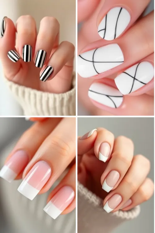 Minimalist New Year's nails showcasing various chic designs including white tips, gold glitter, and geometric patterns