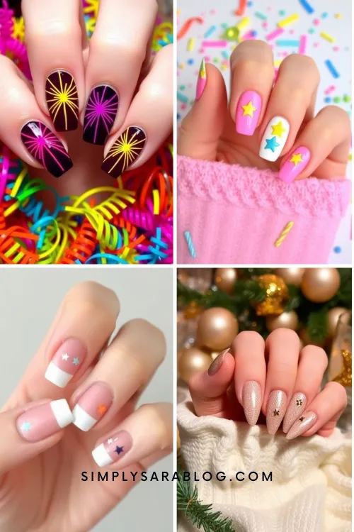 Beautiful New Year’s nails featuring star designs, showcasing various colors and styles for a festive celebration