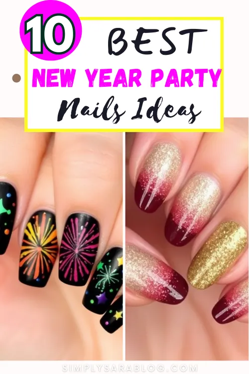 Creative nail art designs for New Year celebrations featuring glitter, floral patterns, and festive colors
