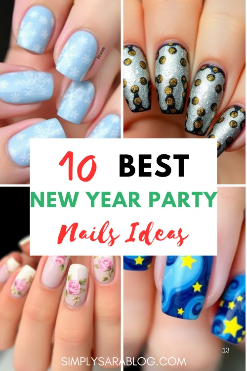 Creative nail art designs for New Year celebrations featuring glitter, floral patterns, and festive colors