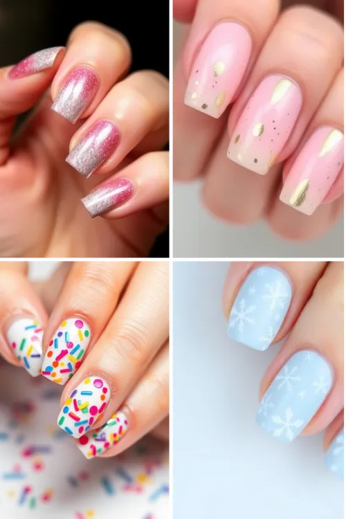 Collection of stunning SNS New Year’s nail designs featuring glitter, gradients, and festive accents.