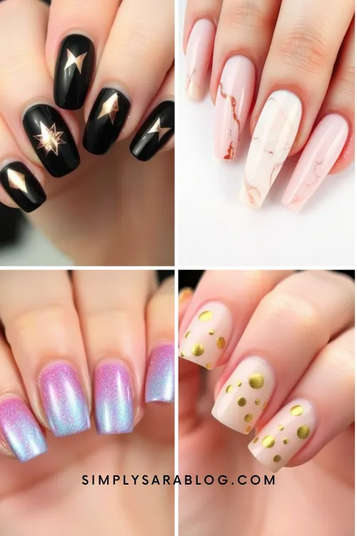 Creative metallic nail designs for New Year's Eve featuring various styles and colors.