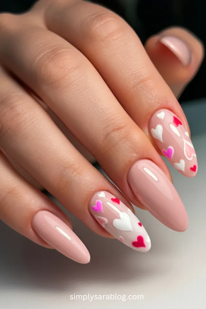 A collage of 16 different acrylic nail designs, showcasing a variety of Valentine's Day-themed nail art.