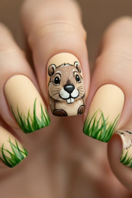 Peeking Groundhog Nail Art – Cartoon groundhog peering out of its burrow on a beige and brown nail art design.