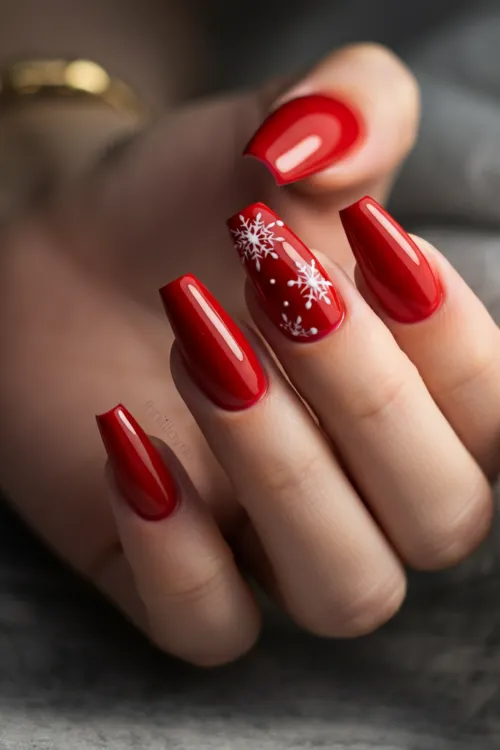 Classic Red Coffin Nails with Snowflakes