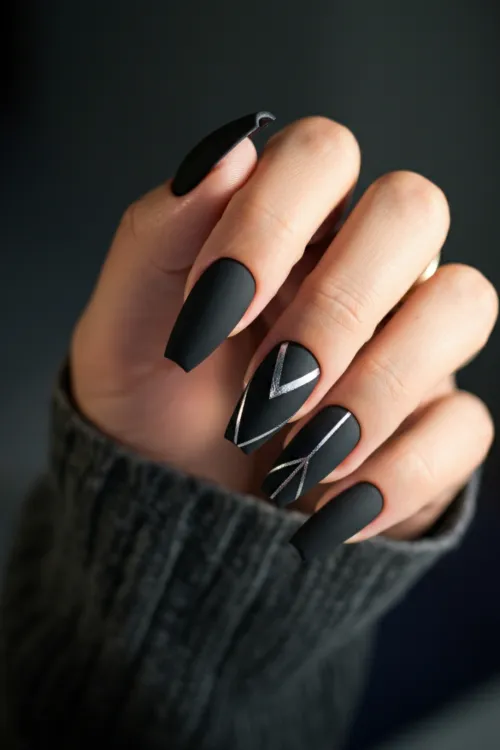 Matte Black Coffin Nails with Silver Accents