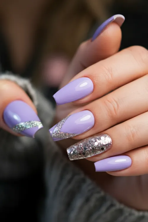 Soft Lavender and Silver Coffin Nails