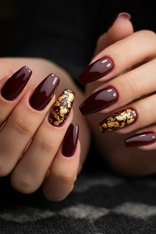 Deep Burgundy with Gold Leaf Design