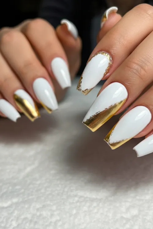 Snowy White Coffin Nails with Gold Tips