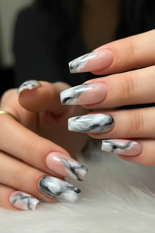Marble Effect Coffin Nails