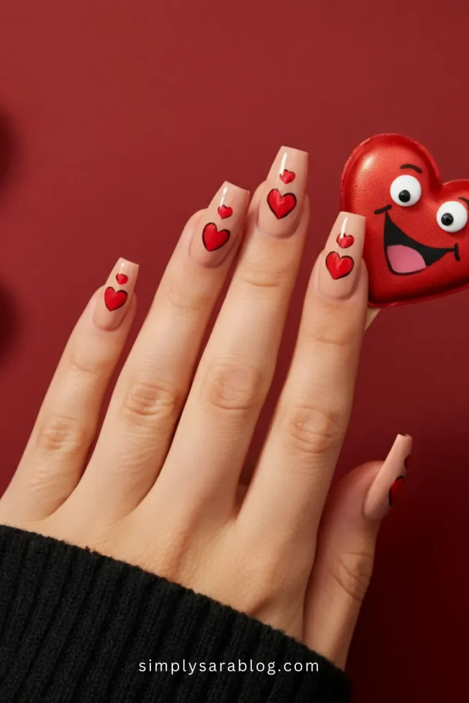 Acrylic Valentine’s Day Nails with Red Heart Faces
