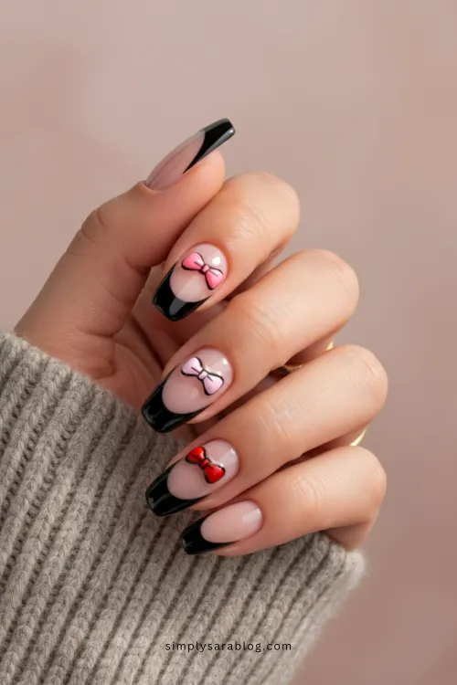 Bow-Accented Black French Mani