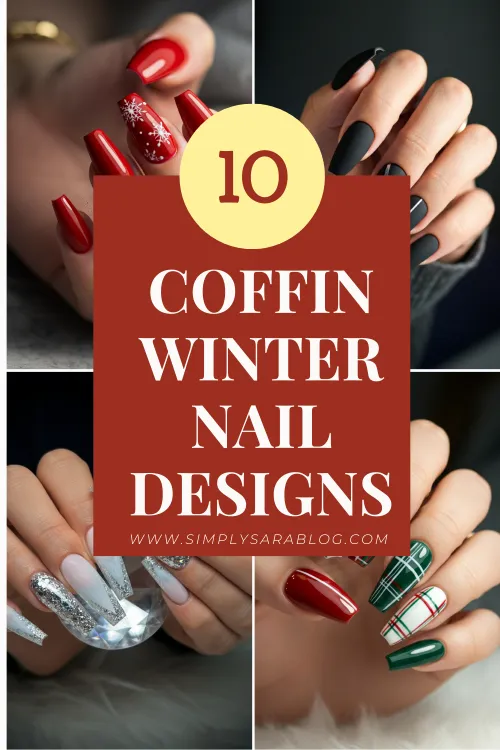 Elegant 10 coffin winter nails featuring sparkling snowflakes, metallic accents, and festive designs for the perfect winter look.