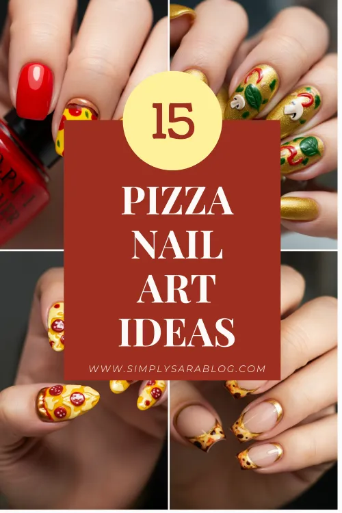 Bright nail art with pepperoni pizza slice designs in vibrant yellow and red tones."