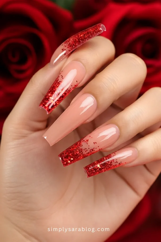 Glamorous Red Glitter Tips on Long Acrylic Nails