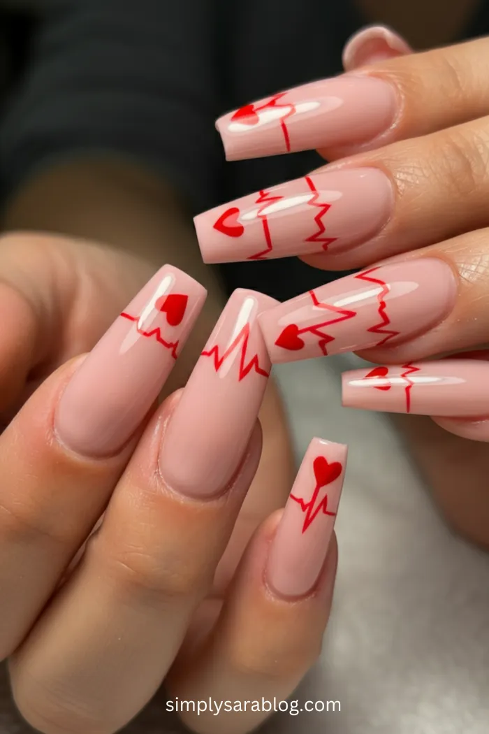 Long Valentine’s Day nails featuring heart patterns, floral designs, and metallic details for a romantic and glamorous look