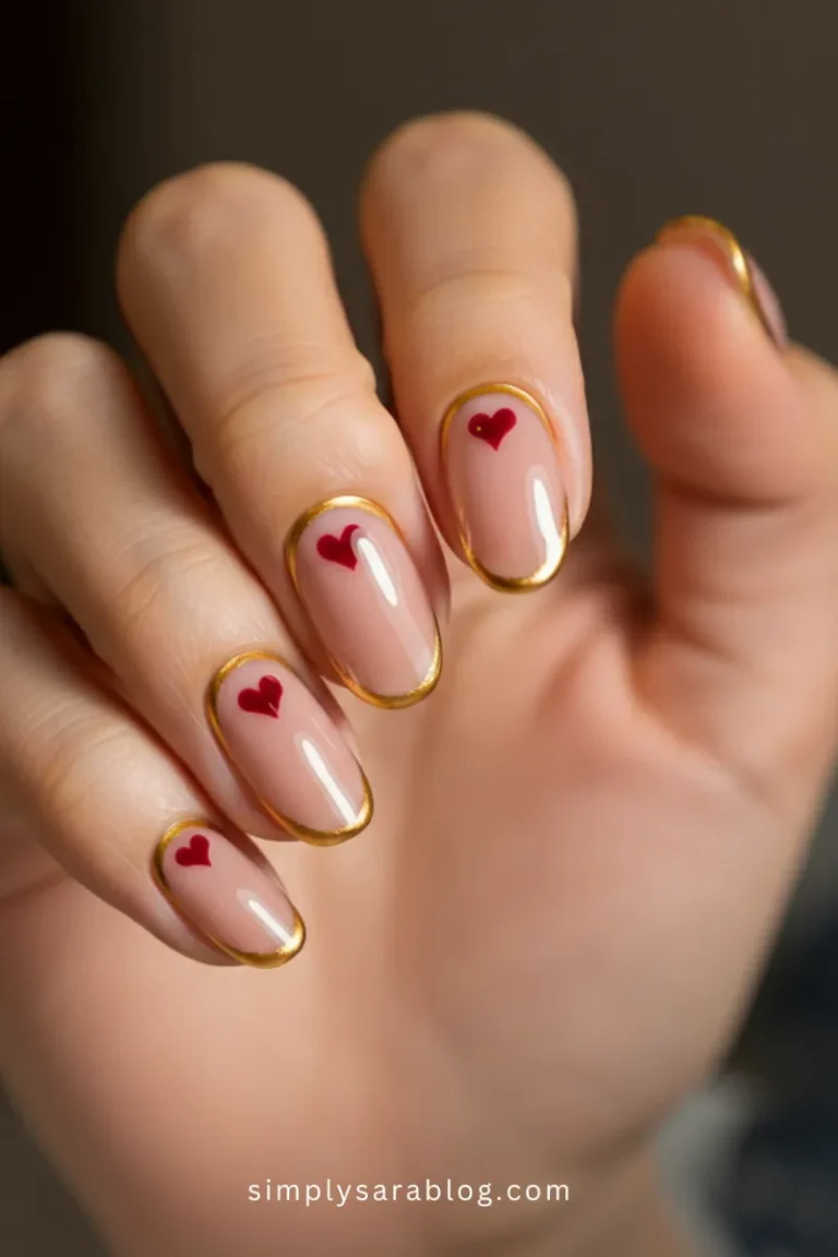 A close-up image of nails showcasing diverse heart nail designs, including French tips, metallic hearts, and velvet accents, perfect for year-round elegance.