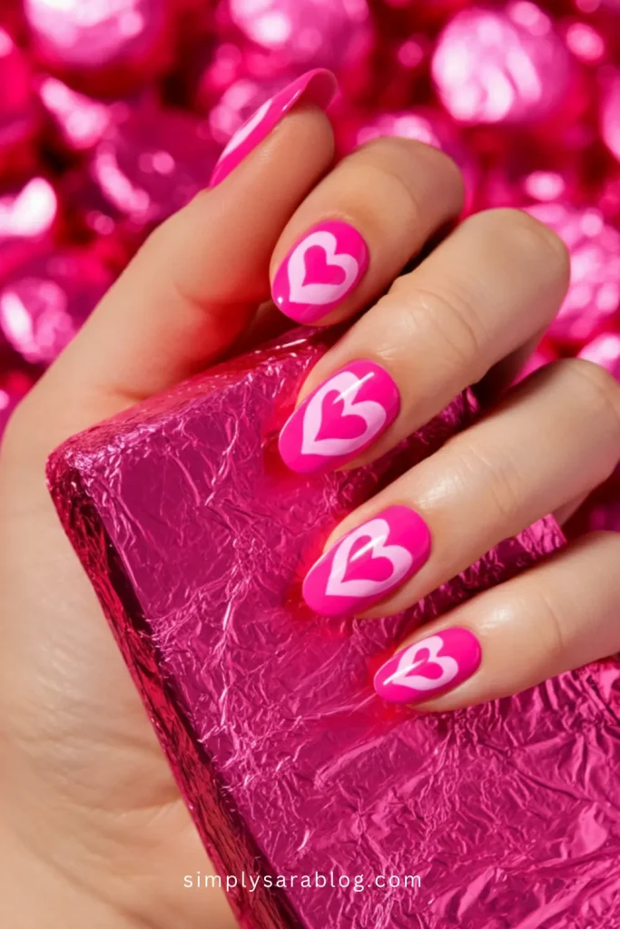 Hot Pink Valentine’s Nails with Hearts