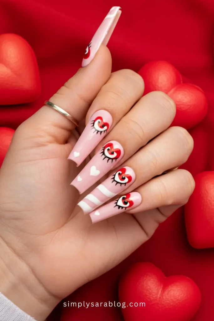 Long Acrylic Pink Nails with Heart Eyes