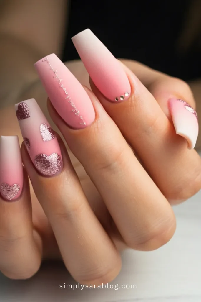 Matte Pink Ombre with Glitter Hearts