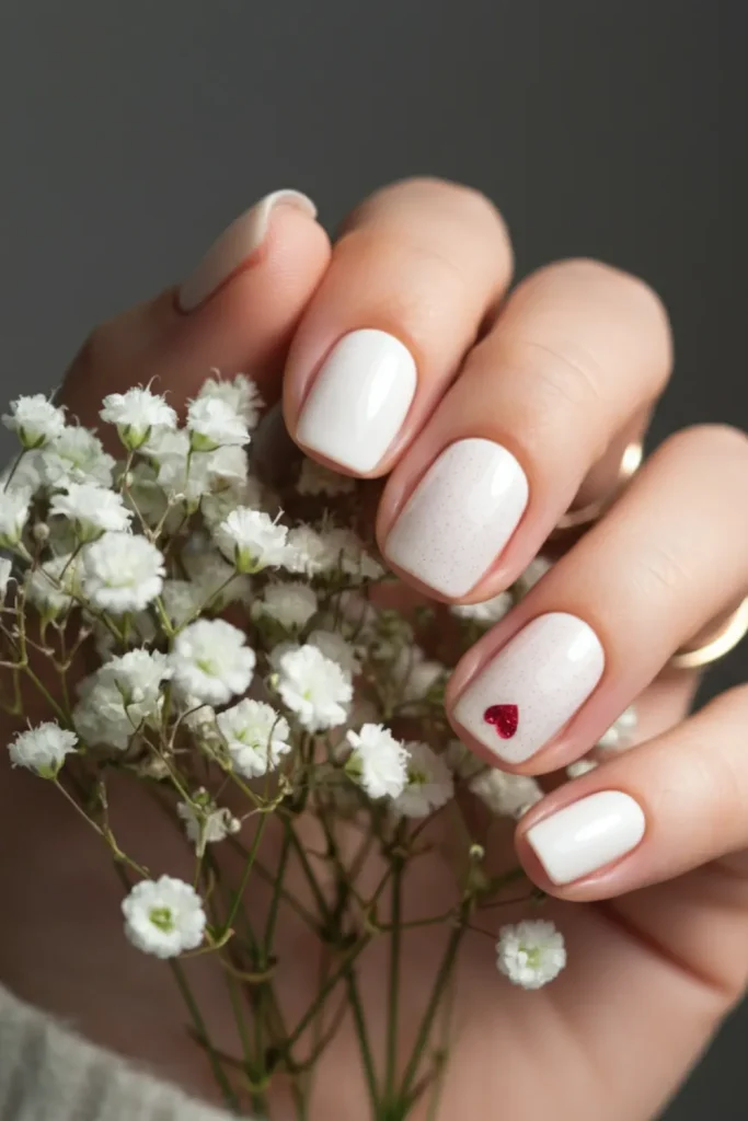 Milky Glitter White Nails with Small Heart Detailing