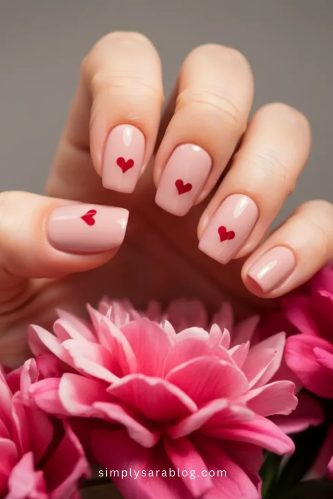 Minimalist Nude Pink Nails with Red Hearts