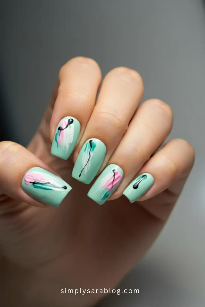 Minty paint stroke nails