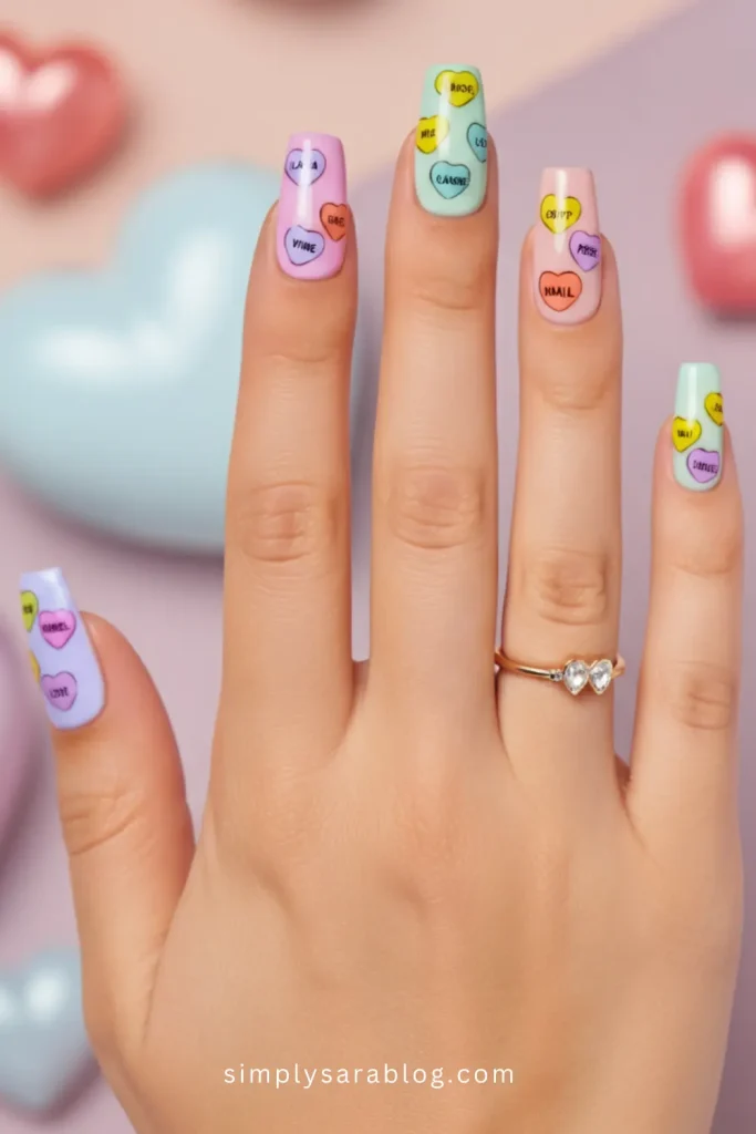Multi-colored Message Hearts Nails