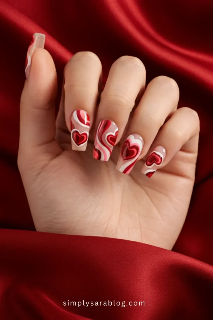 Pink & Red Heart & Wave Designs Valentine’s Day Nails