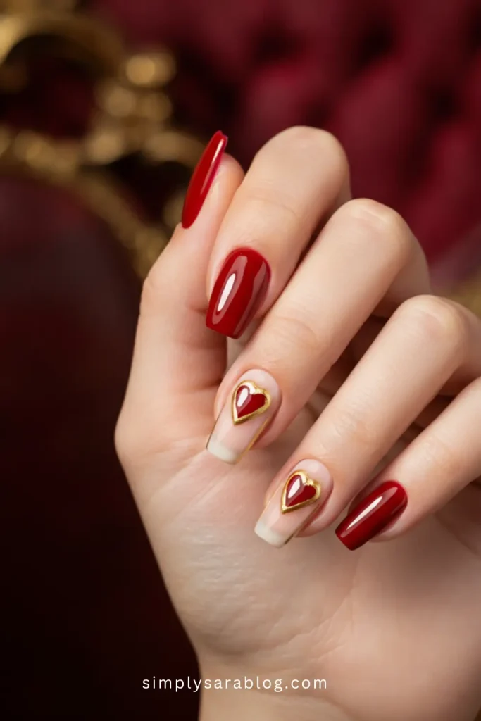 Red and Gold Valentine's Day Nails with Heart