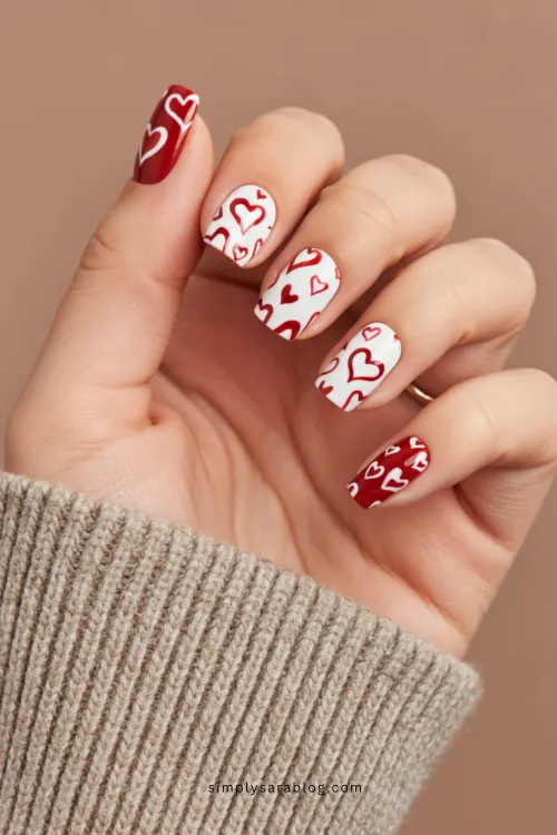 Red and White Heart Nails