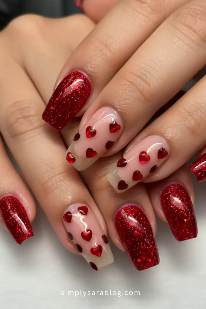 Red Glitter Valentine's Day Nails