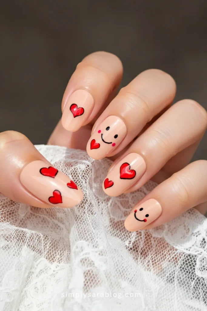 Short Nude Valentine’s Day Nails with Red Hearts with Faces