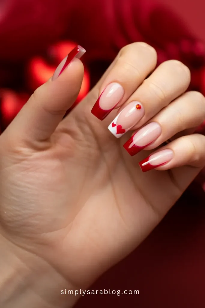 Simple Red French Tips with Red Hearts