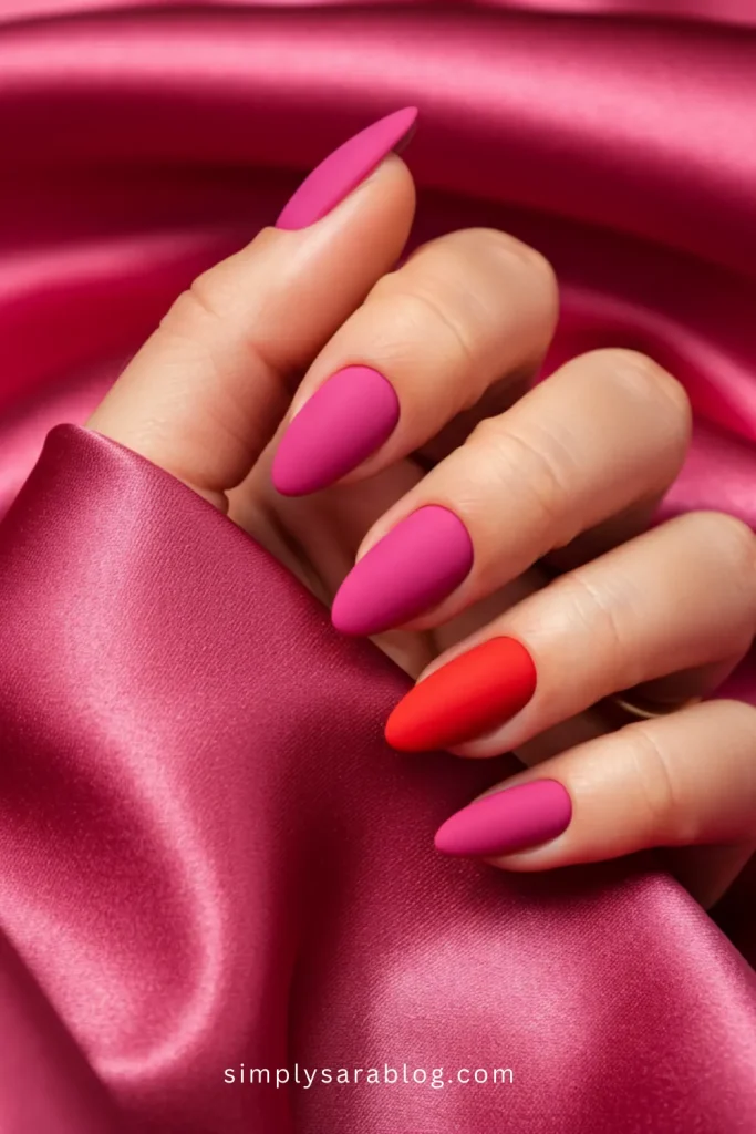Simple Two-Tone Red & Pink Valentine’s Day Nails