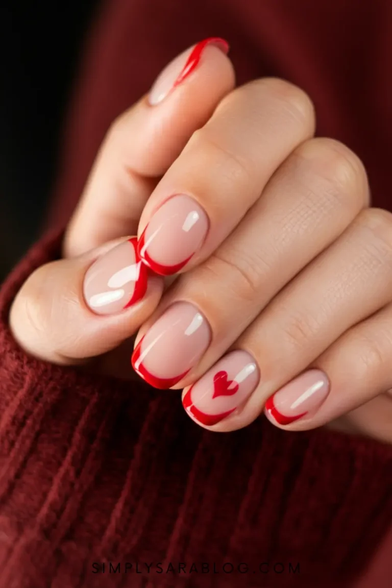 Valentine’s Day nail art featuring pink and red hearts, glitter accents, and almond-shaped nails."