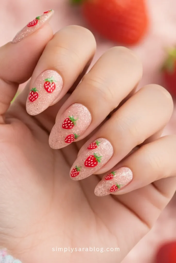 Strawberry Sparkle Designs on Nude Nails