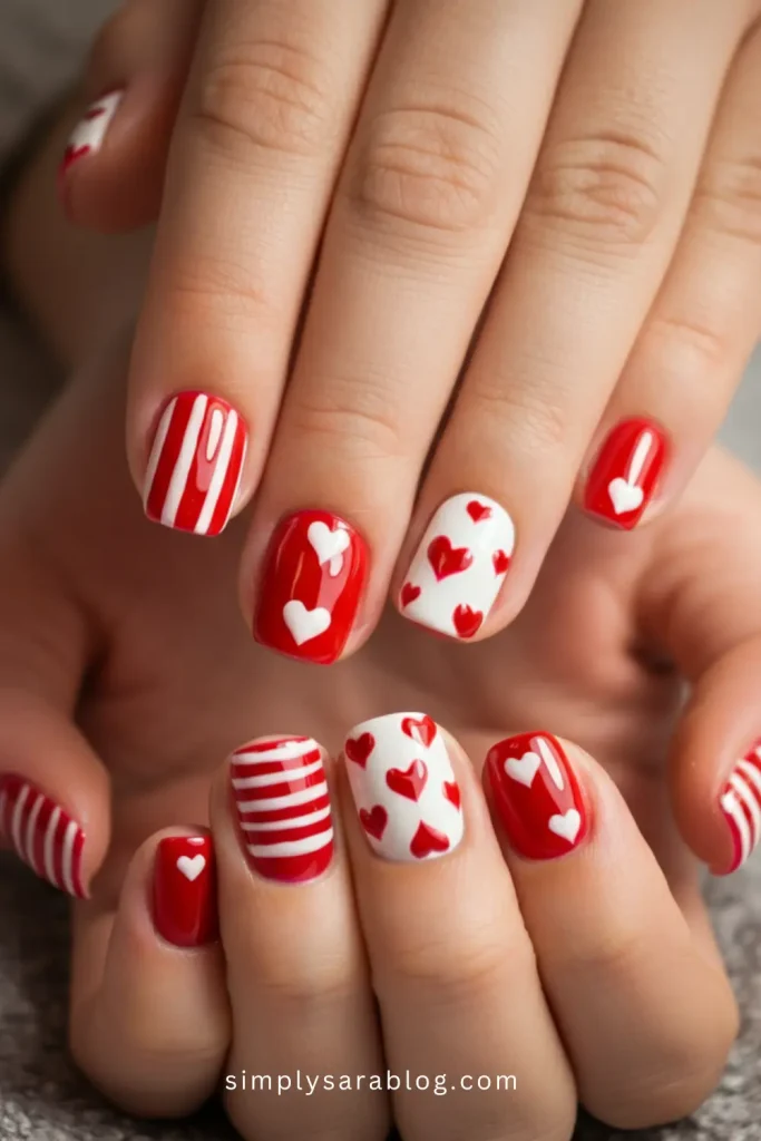 Valentine's Day Nails Red and White