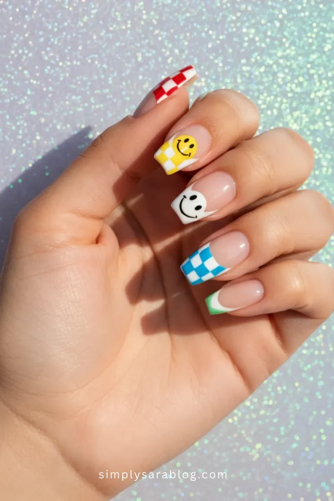 Y2K Inspired Valentine’s Nails with Checkers, Smileys, & French Tips