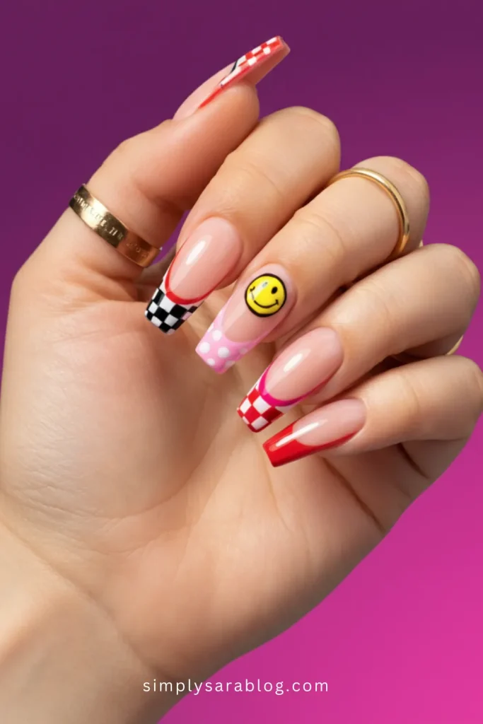 Y2K Inspired Valentine’s Nails with Checkers, Smileys, & French Tips