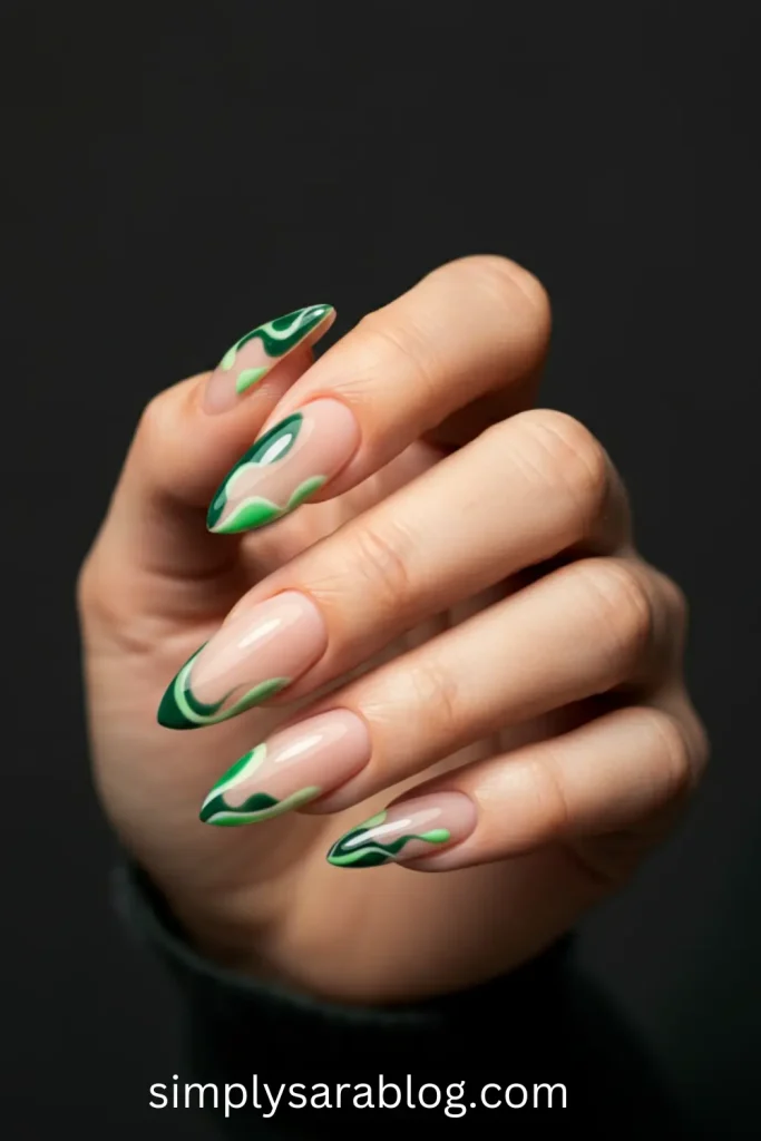 Abstract Green St. Patty’s Day French Manicure