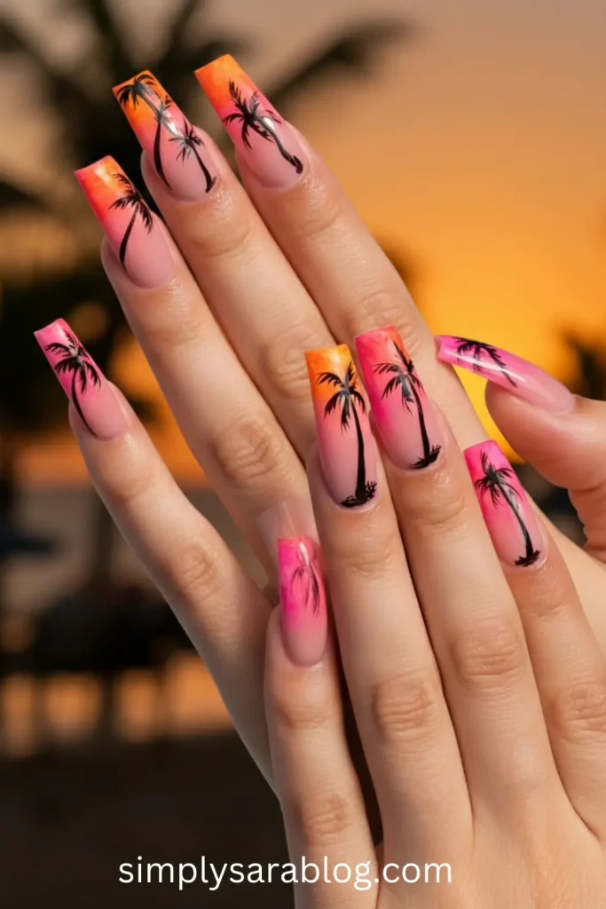 Acrylic Sunset Nails with Palm Details