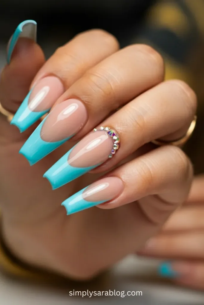Aqua blue rhinestone tips