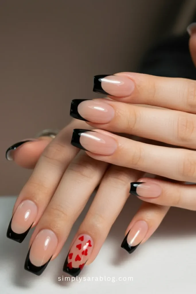 Black French Tip Valentine’s Day Nails