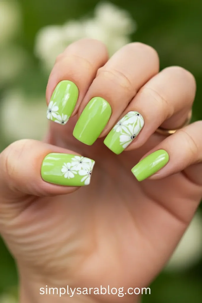 Bright Green + Floral St. Patrick’s Day Nail Design