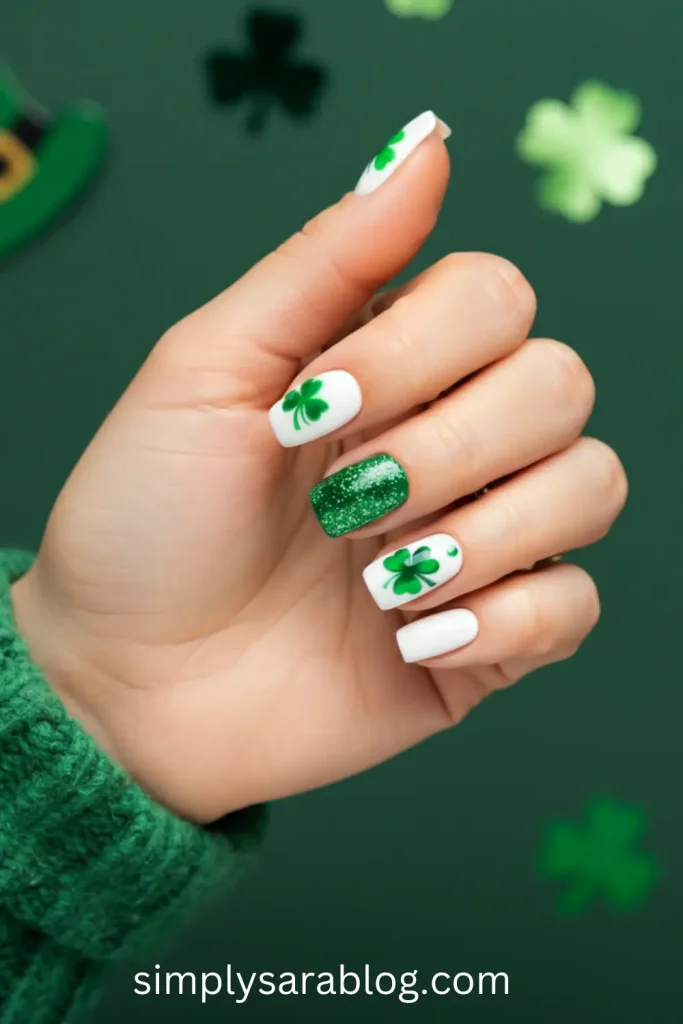 Cute Short St. Patrick’s Day Nails With Shamrock Designs