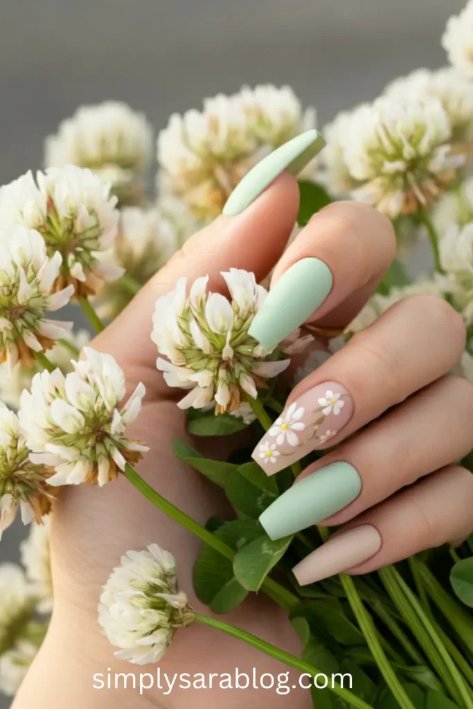Floral Coffin Shaped St. Patrick’s Day Nails