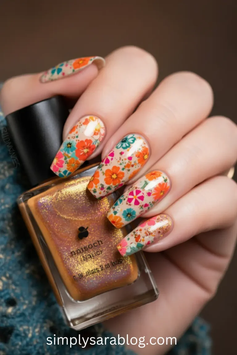 Close-up of long nails with pastel floral patterns and glitter accents, perfect for spring