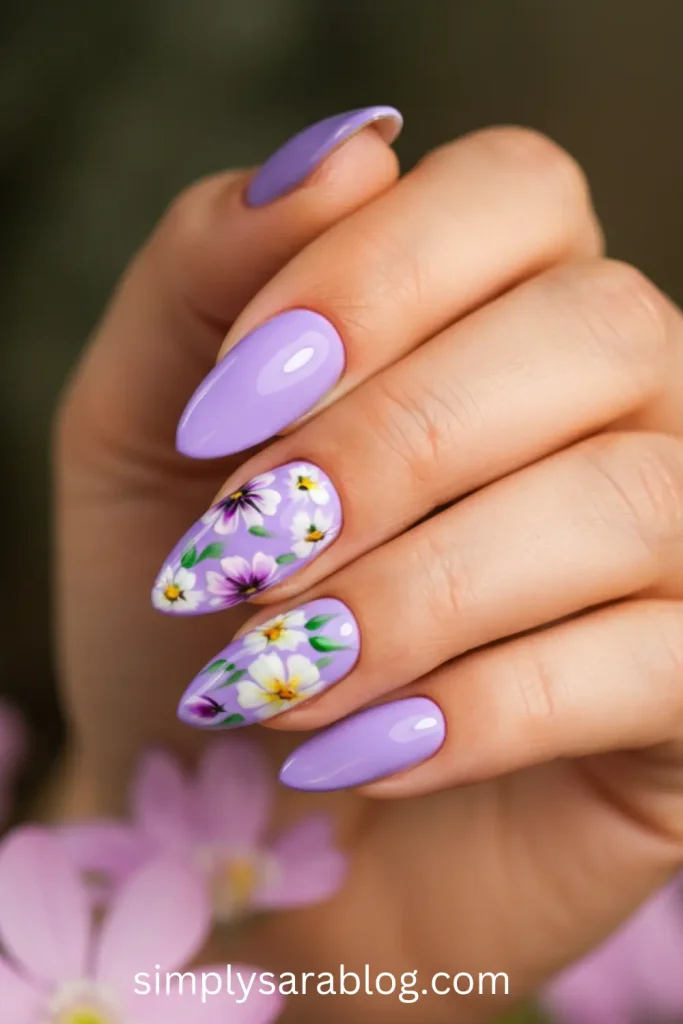 A beautifully manicured hand showcasing a gradient ombre nail design in varying shades of purple, with soft floral accents to match the spring season.