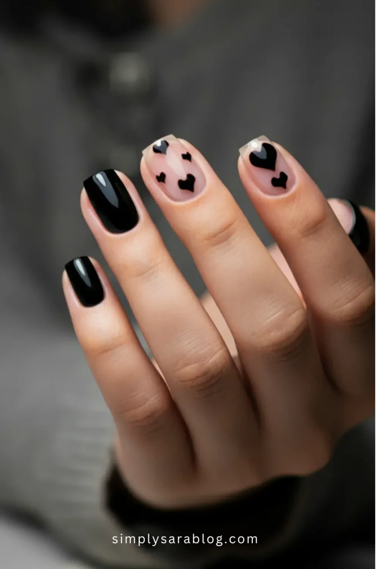 Black Valentine’s Day nails featuring a variety of designs, including matte, French tips, and accent hearts, on beautifully manicured hands.